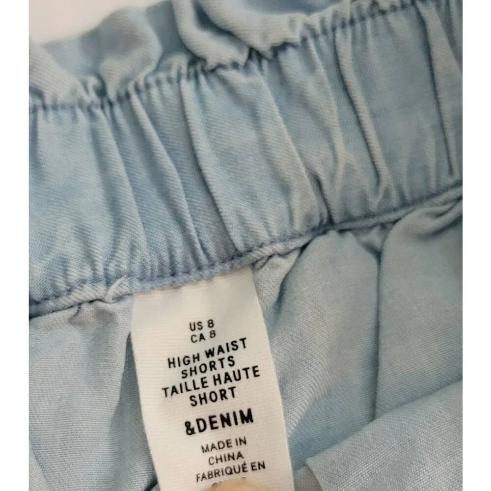 H&M High Waist Paper Bag Chambray Denim Shorts Pull On Light Weight Sz 8